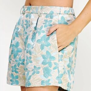 STRUT & BOLT  Floral Jacquard Front Pleat Shorts In Teal
